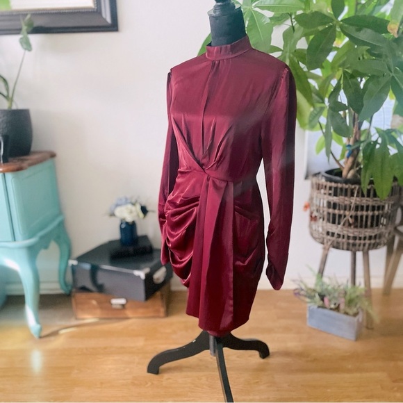 Fashion Nova Raise Your Glass Satin Drape Mini Dress in Deep Red Wine Size M - Picture 9 of 13